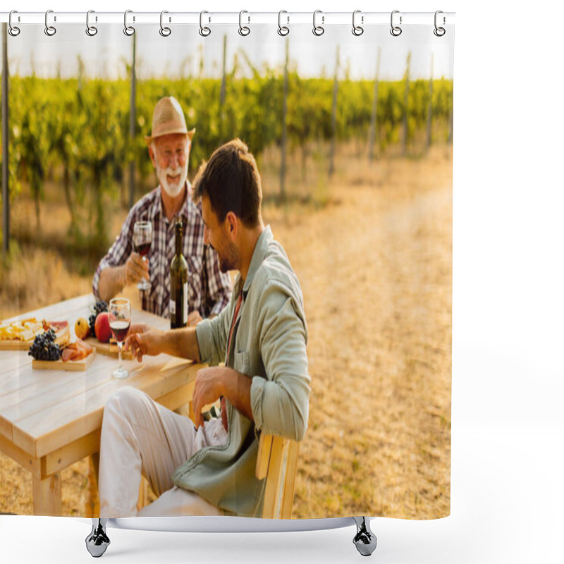 Personality  Two Friends Savor The Rich Flavors Of Local Wine And Delicious Snacks At A Rustic Outdoor Table, Basking In The Golden Glow Of The Vineyard At Sunset Shower Curtains