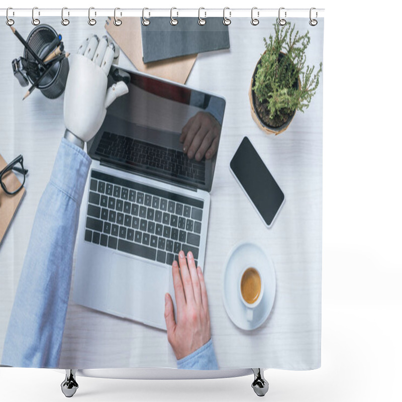 Personality  Partial View Of Businessman With Prosthetic Arm Opening Laptop At Table In Office  Shower Curtains