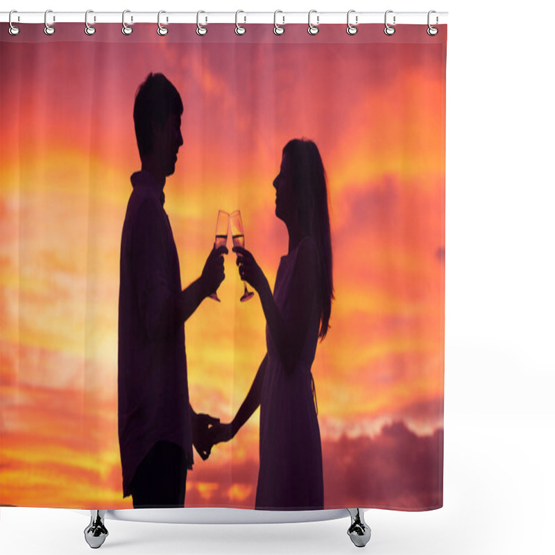 Personality  Silhouette Of Couple Drinking Champagne At Sunset Shower Curtains