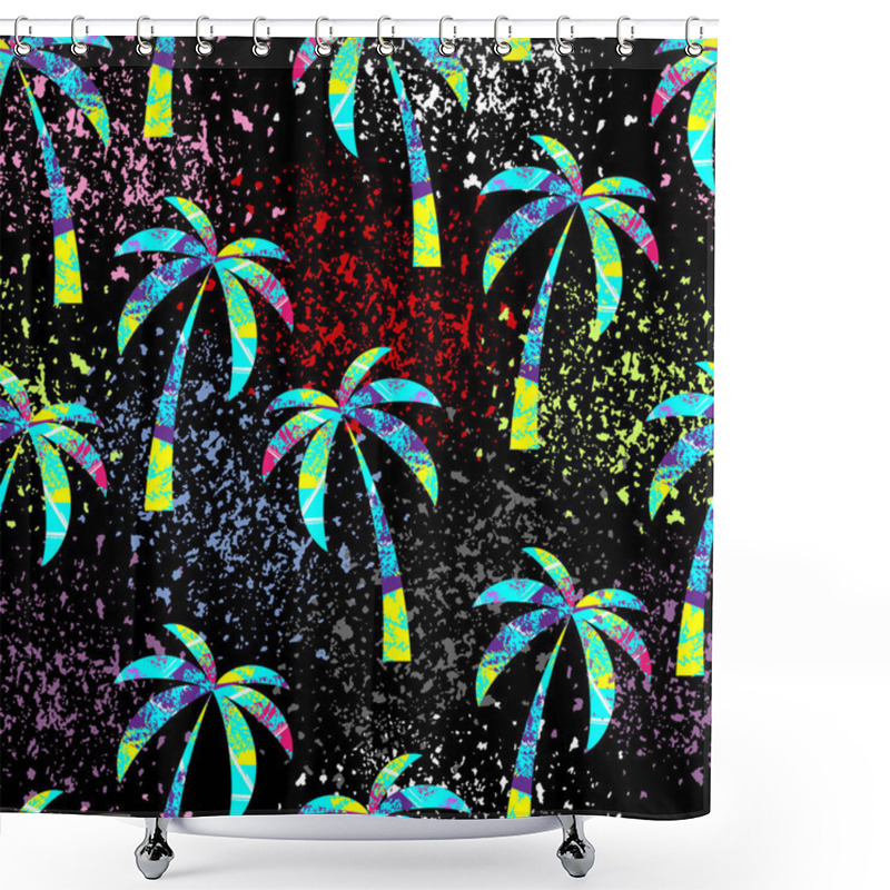 Personality  Multicolored Palm Trees On Black Background And Spray Effect. Abstract Seamless Pattern. Shower Curtains