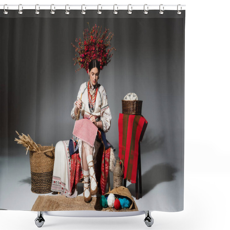 Personality  Full Length Of Ukrainian Woman In Traditional Clothes And Red Floral Wreath Holding Knitting Needles On Dark Grey Shower Curtains