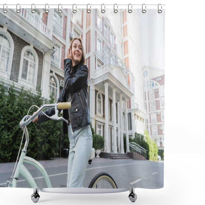 Personality  Low Angle View Of Joyful Woman Riding Bicycle On Urban Street Of Europe  Shower Curtains