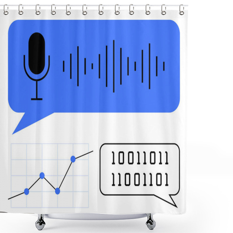 Personality  Microphone Icon With Audio Waves, Binary Speech Bubble, And Data Graph. Ideal For AI, Machine Learning, Voice Technology, Data Trends, Coding, Analytics Abstract Line Flat Metaphor Shower Curtains