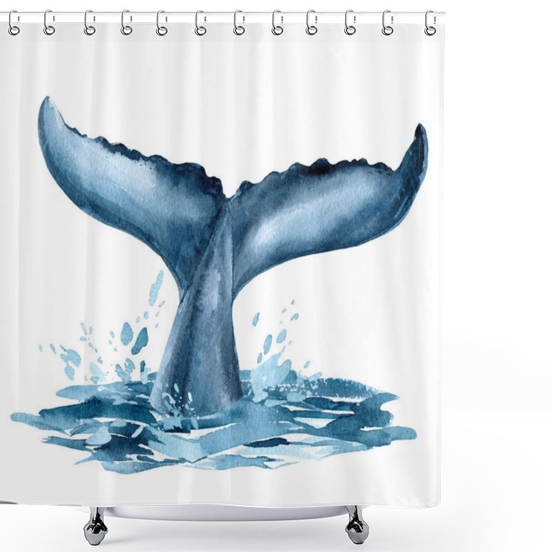 Personality  Whale Tail In The Ocean, Splashing Water, Whale On Isolated White Background, Watercolor Illustration Shower Curtains