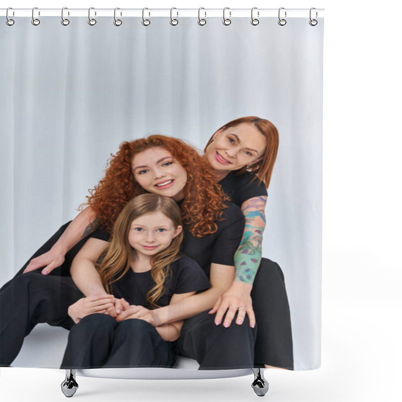 Personality  Happy Family With Red Hair Sitting In Matching Outfits On Grey Backdrop, Three Generations Shower Curtains