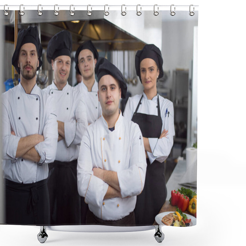 Personality  Portrait Of Group Chefs Standing Together In Commercial Kitchen At Restaurant Shower Curtains