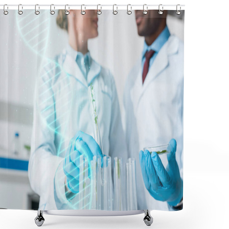 Personality  Cropped View Of Multicultural Biologists Holding Test Tubes With Dna Illustration Shower Curtains