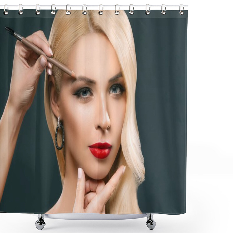 Personality  Beautiful Blonde Woman Applying Eyebrow Makeup, Isolated On Grey Shower Curtains