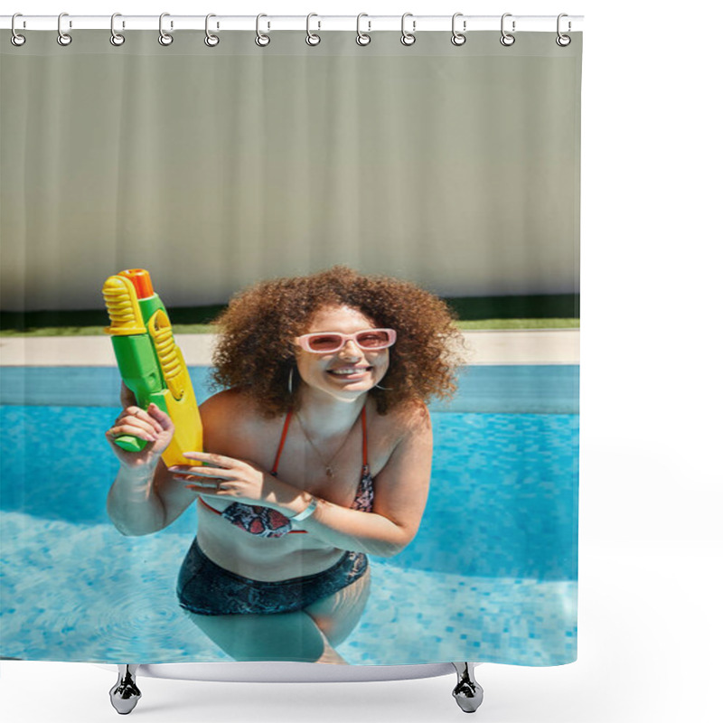 Personality  A Woman With Curly Hair And Sunglasses Smiles While Holding A Water Gun In A Pool. Shower Curtains