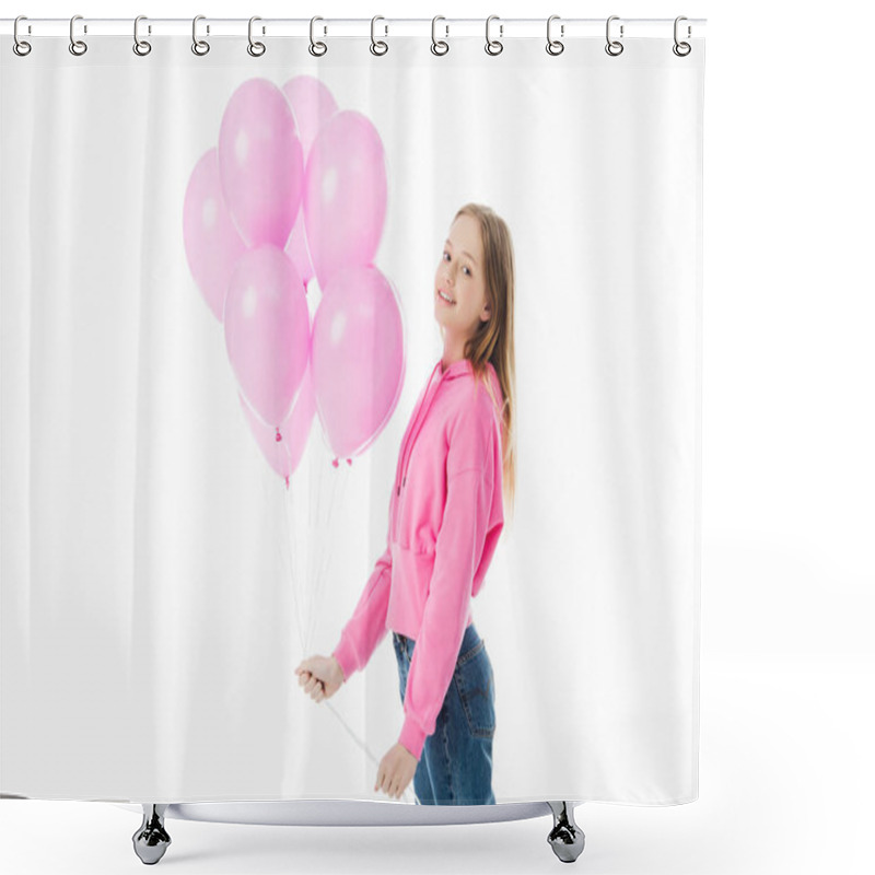 Personality  Happy Teenage Girl With Pink Balloons Looking At Camera Isolated On White Shower Curtains