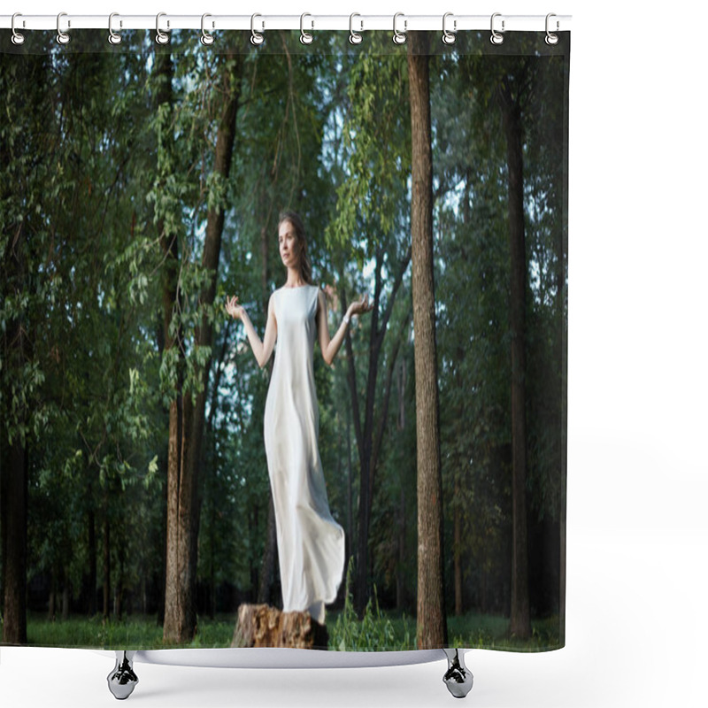 Personality  Beautiful Woman Posing Like Goddess In White Long Dress At Nature. Boho Style, Soul Calm, Wellness. Freedom And Relaxing Shower Curtains