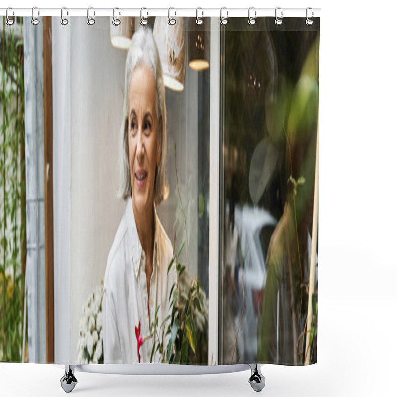 Personality  A Joyful Mature Woman Is Nurturing Greenery While Surrounded By Beautiful Floral Accents. Shower Curtains