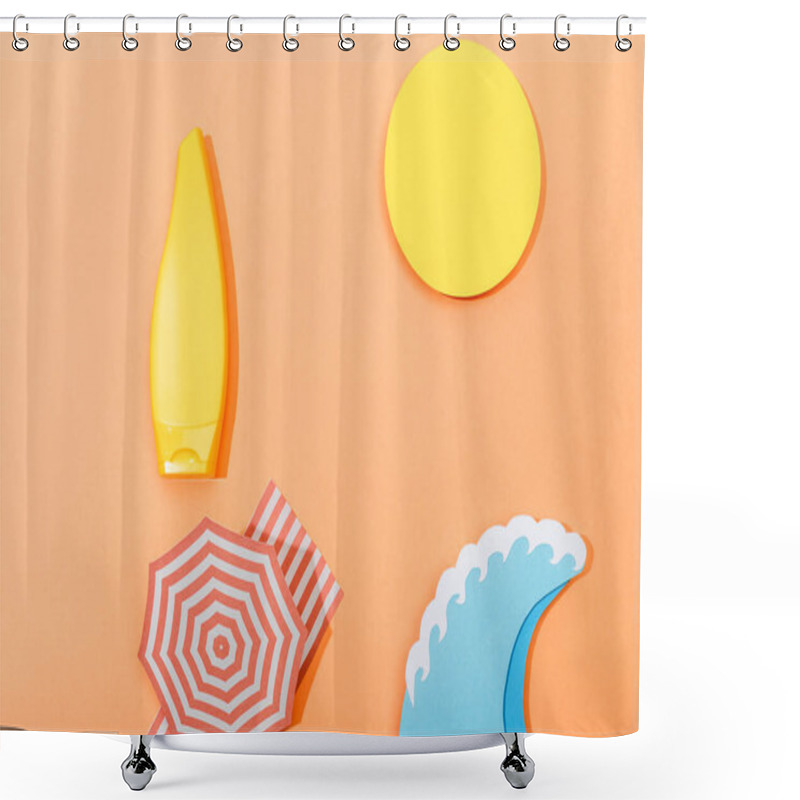 Personality  Top View Of Paper Cut Beach With Tube Of Sunscreen On Orange Shower Curtains