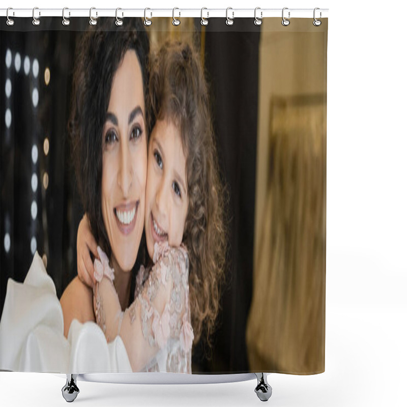 Personality  Cheerful Little Girl In Floral Attire Hugging Tight Her Charming Mother In White Wedding Dress With Puff Sleeves And Ruffles While Smiling And Looking At Camera Together In Bridal Boutique, Banner  Shower Curtains