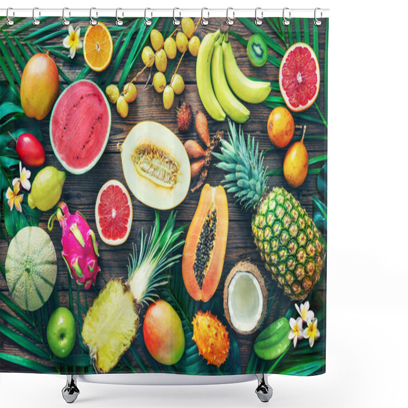 Personality  Assortment Of Tropical Fruits With Leaves Of Palm Trees And Exotic Plants On Dark Wooden Background. Top View Shower Curtains