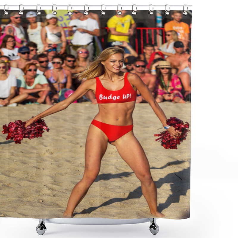 Personality  ODESSA, UKRAINE - August 26, 2017: Championship Of Ukraine In Cheerleading At Sea During Festival Z-Games. Beautiful Young Sports Girls Cheerleaders Perform In Sand Of Beach At Festiva Shower Curtains