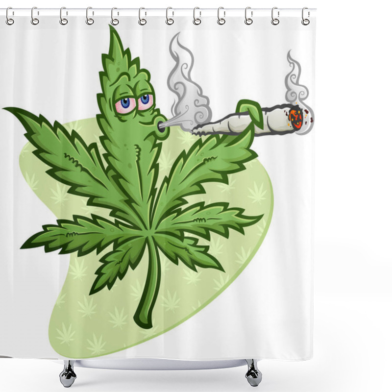 Personality  A Cheerful Marijuana Vector Cartoon Character Getting High And Smoking A Huge Rolled Up Pot Joint And Blowing Smoke Shower Curtains