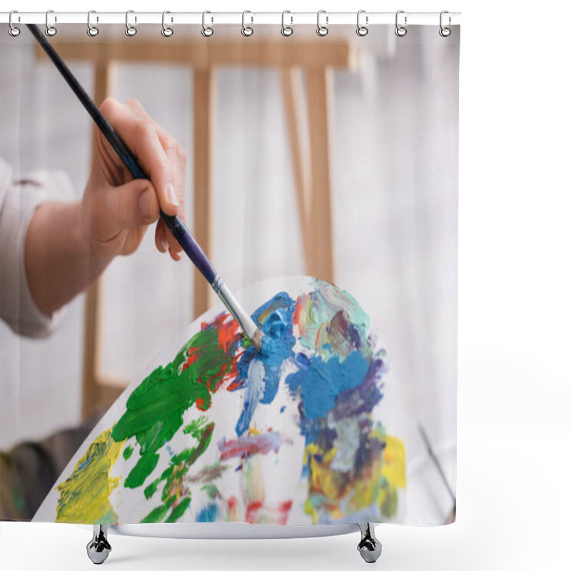 Personality  Cropped View Of Mature Woman Holding Palette And Paintbrush  Shower Curtains