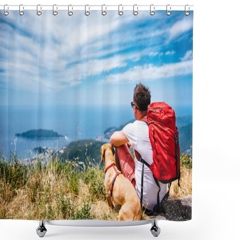 Personality  Man With Red Backpack And Small Yellow Dog Sitting On A Mountain And Looking At Sea Horizon Shower Curtains