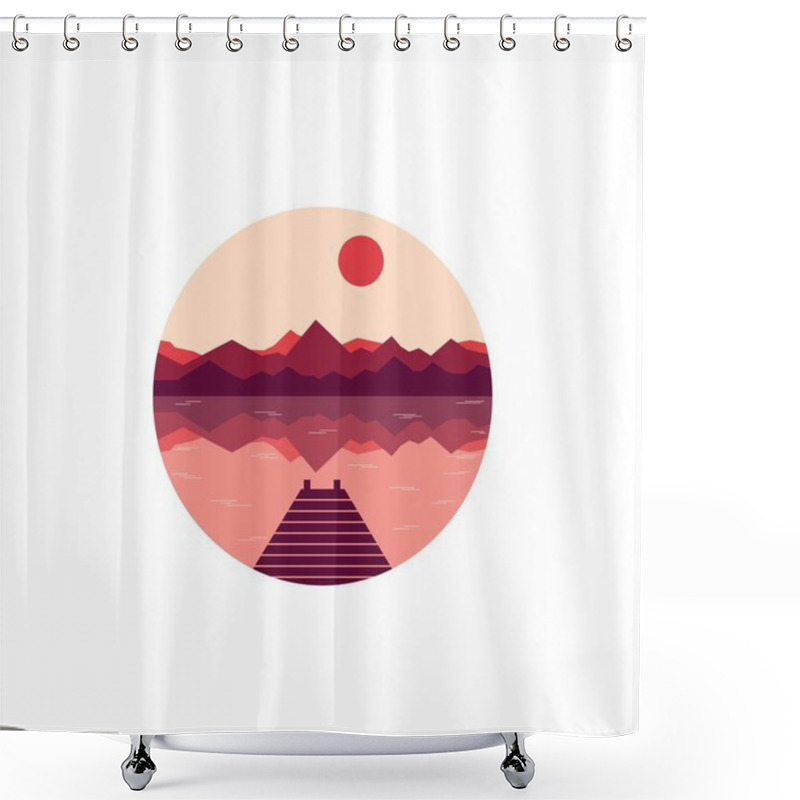 Personality  Flat Nature Round Icon With A Landscape. Vector Illustration In Modern Style. Landscape With Mountains And River Or Lake, With Sun And Pier. Panorama Of Mountains On Sunset Or Sunrise Shower Curtains