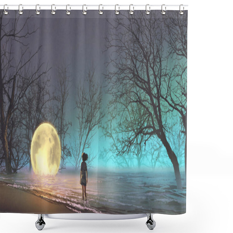 Personality  Night Scenery Of Young Woman Looking At The Fallen Moon On The Lake, Digital Art Style, Illustration Painting Shower Curtains