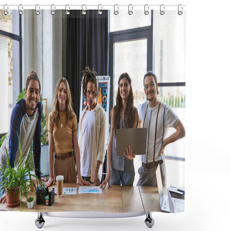 Personality  Professional Headshot Of Team Lead With Laptop And Multiethnic Colleagues Near Work Desk With Graphs Shower Curtains