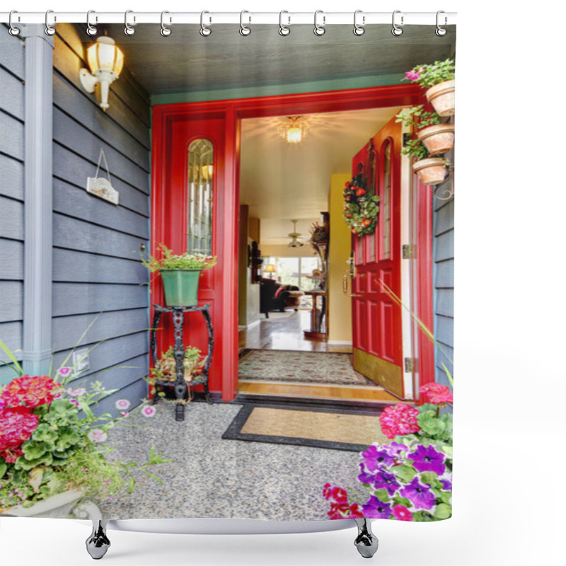 Personality  Bright Red Open Front Door To Blue House With Hardwood Floor Int Shower Curtains