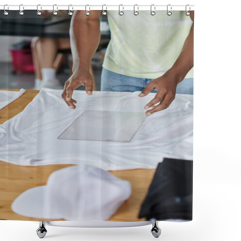 Personality  Partial View Of African American Designer Holding Transparent Format Template Near White T-shirt Shower Curtains