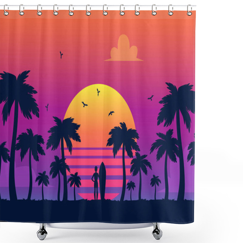 Personality  Silhouettes Of Tropical Summer Palm Trees, Surfer And The Beach On The Background Of A Gradient Sunset. Shower Curtains