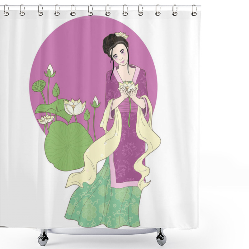 Personality  Woman In Traditional Chinese Costume Holds Lotus In Her Hands Shower Curtains