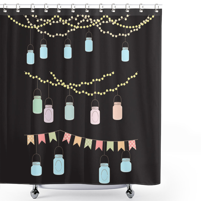 Personality  Vector Set Of Hanging Glass Jar Lights And Bunting Shower Curtains