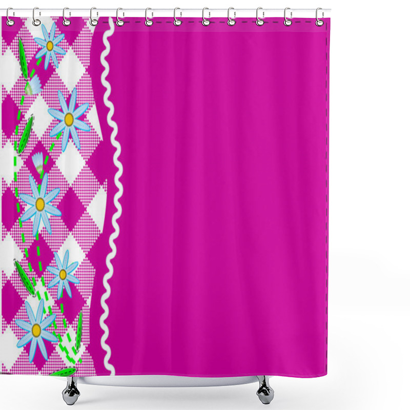 Personality  Vector Eps8.  Pink Copy Space With Gingham And Ric Rac Trim Topped With Blue Cornflowers And Quilting Stitches. Shower Curtains