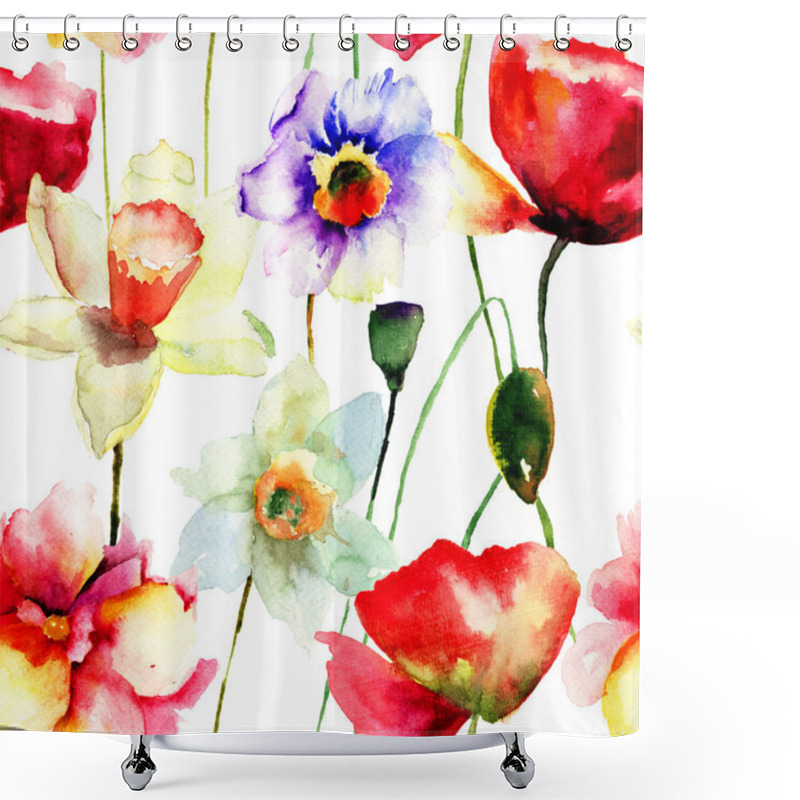 Personality  Stylized Narcissus And Poppy Flowers Illustration Shower Curtains