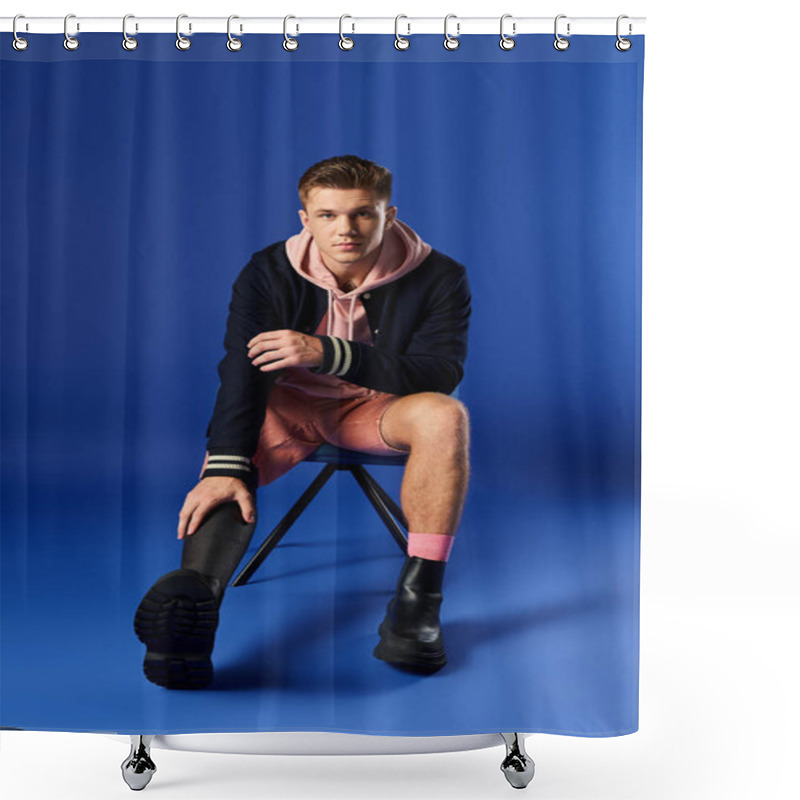 Personality  Young Man Confidently Poses With A Prosthetic Leg While Wearing Trendy Clothing And Footwear. Shower Curtains