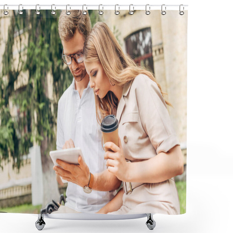 Personality  Stylish Young Couple Using Tablet Together Near Old Building Shower Curtains