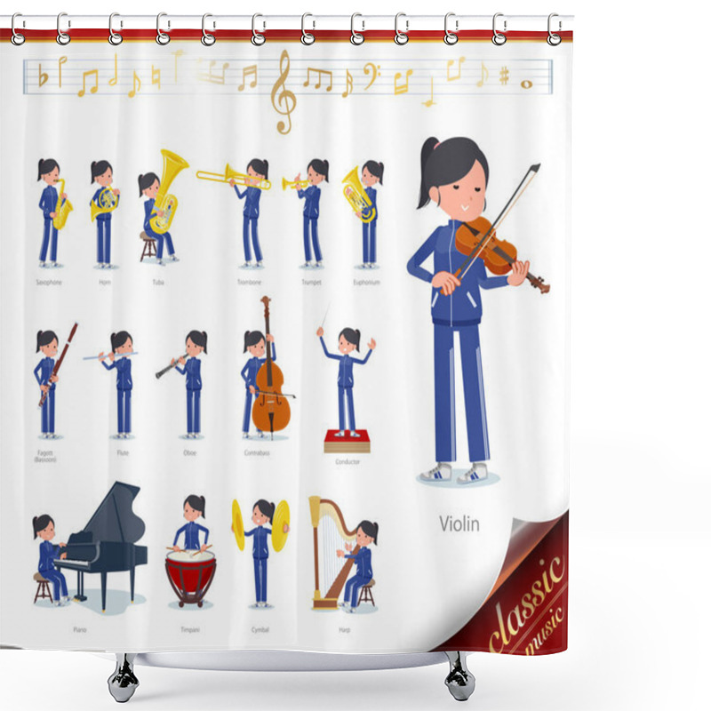 Personality  A Set Of Women In Sportswear On Classical Music Performances.There Are Actions To Play Various Instruments Such As String Instruments And Wind Instruments.It's Vector Art So It's Easy To Edit. Shower Curtains