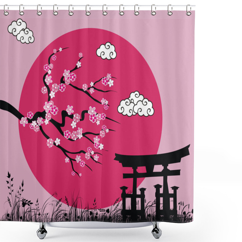 Personality  Japanese Sakura Blossom And Tori Gate -vector Illustration Shower Curtains