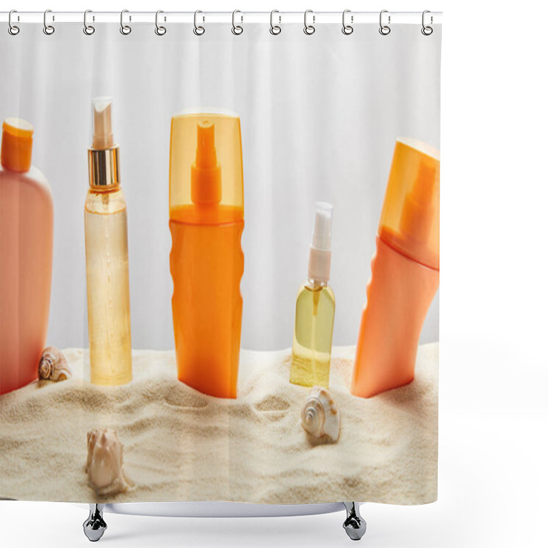 Personality  Various Sunscreen Products In Bottles On Sand With Seashells On Grey Background Shower Curtains