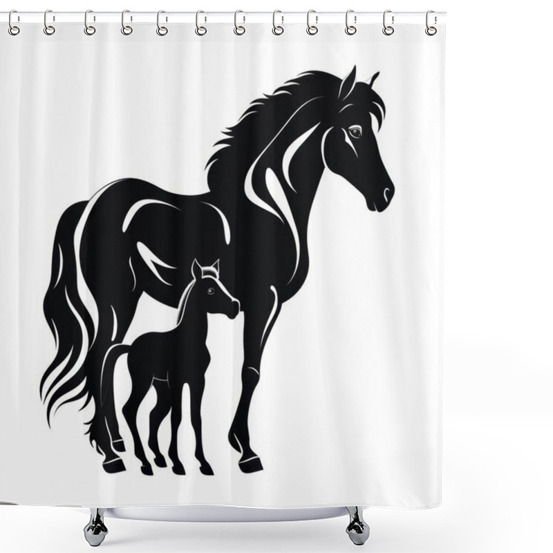 Personality  A Striking Silhouette Of A Horse And A Foal, Symbolizing Strength And Nurturing Bond. Shower Curtains