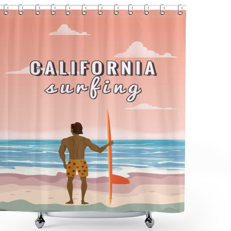 Personality  Surfer Standing With Surfboard On The Tropical Beach Back View. California Surfing Palms Ocean Theme. Vector Illustration Isolated Template Poster Banner Shower Curtains