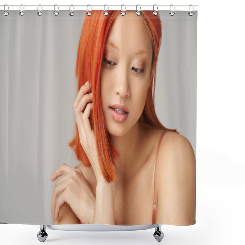 Personality  Alluring Asian Woman With Perfect Skin And Natural Makeup Looking Away On Grey Background Shower Curtains