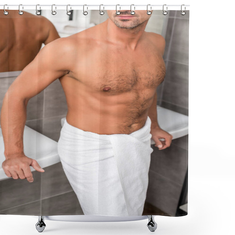 Personality  Cropped Image Of Shirtless Muscular Man In Towel Posing Near Sinks In Bathroom Shower Curtains