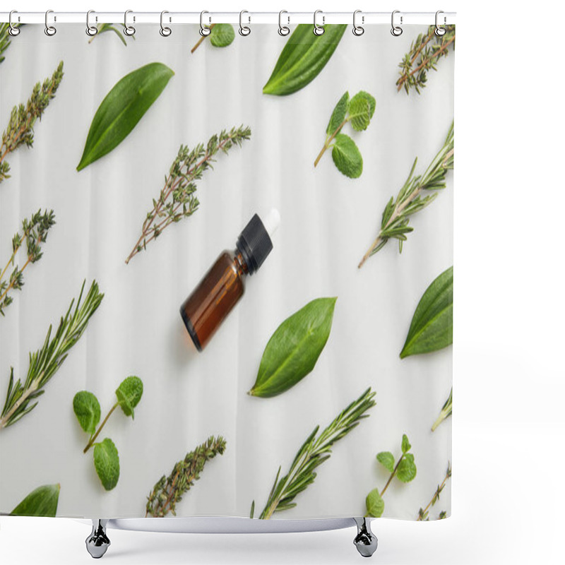 Personality  Flat Lay With Bottle Of Essential Oil And Fresh Herbs On Grey Background Shower Curtains