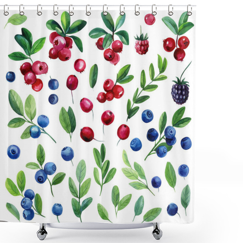 Personality  Watercolor Set Of Berries, Leaves, Branches. Blueberries, Lingonberries, And Cranberries, Isolated White Background Shower Curtains