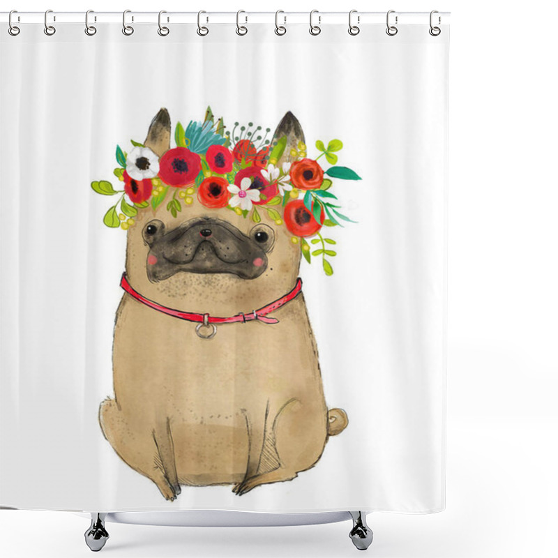 Personality  Cartoon Pug With Floral Wreath Shower Curtains