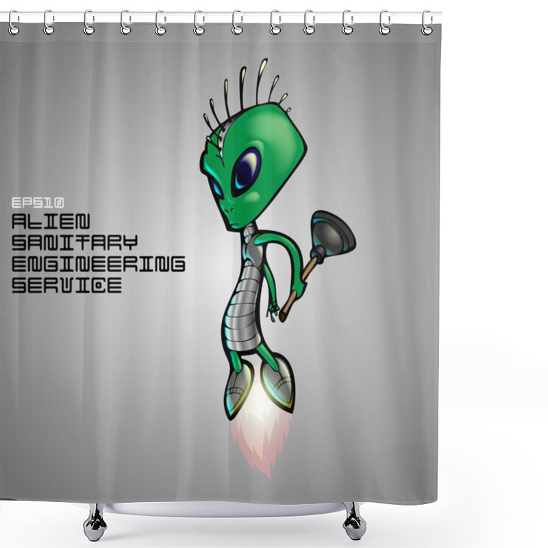 Personality  Alien Sanitary Engineering Service. Vector Illustration. Shower Curtains