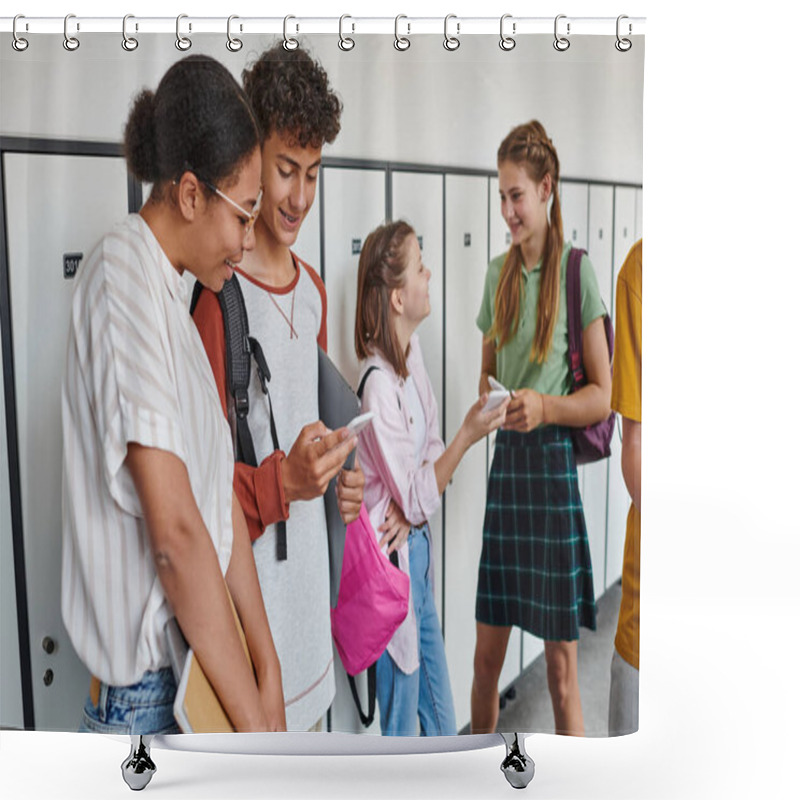 Personality  Happy Curly Boy Showing Smartphone To African American Teacher In School Hallway Near Classmates Shower Curtains