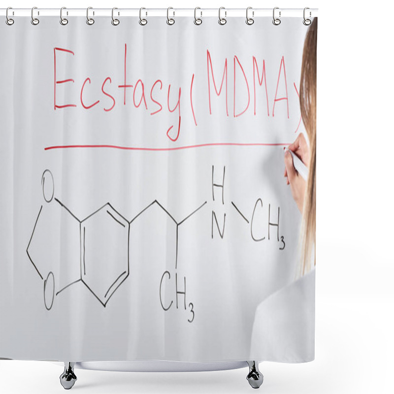 Personality  Cropped View Of Woman Writing Ecstasy (mdma) On White Board  Shower Curtains