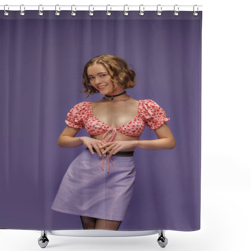 Personality  Smiling Woman In Cropped Top With Hearts Pattern And Skirt Posing On Purple Background Shower Curtains