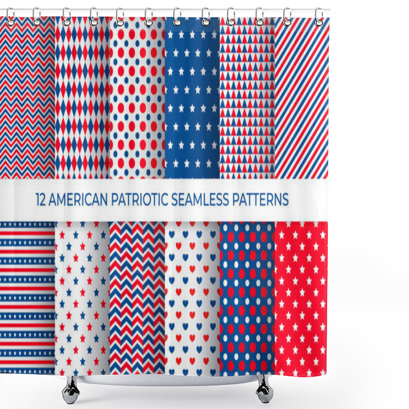 Personality  12 American Patriotic Seamless Patterns. USA Traditional Stars And Stripes Background Set.  Red Blue White Backdrop. Vector Template For Fabric, Textile, Wallpaper, Wrapping Paper, Etc.  Shower Curtains